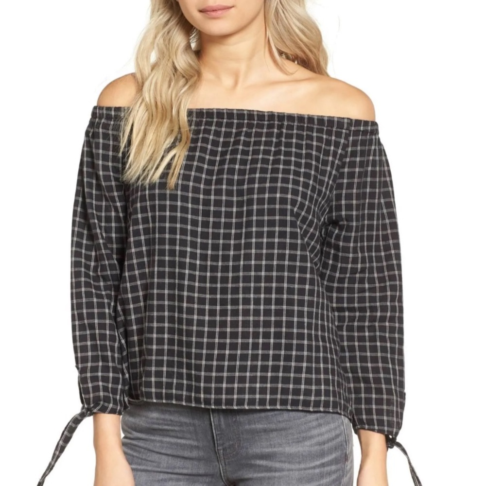 Madewell Black and White Plaid Off the Shoulder Top Sz S